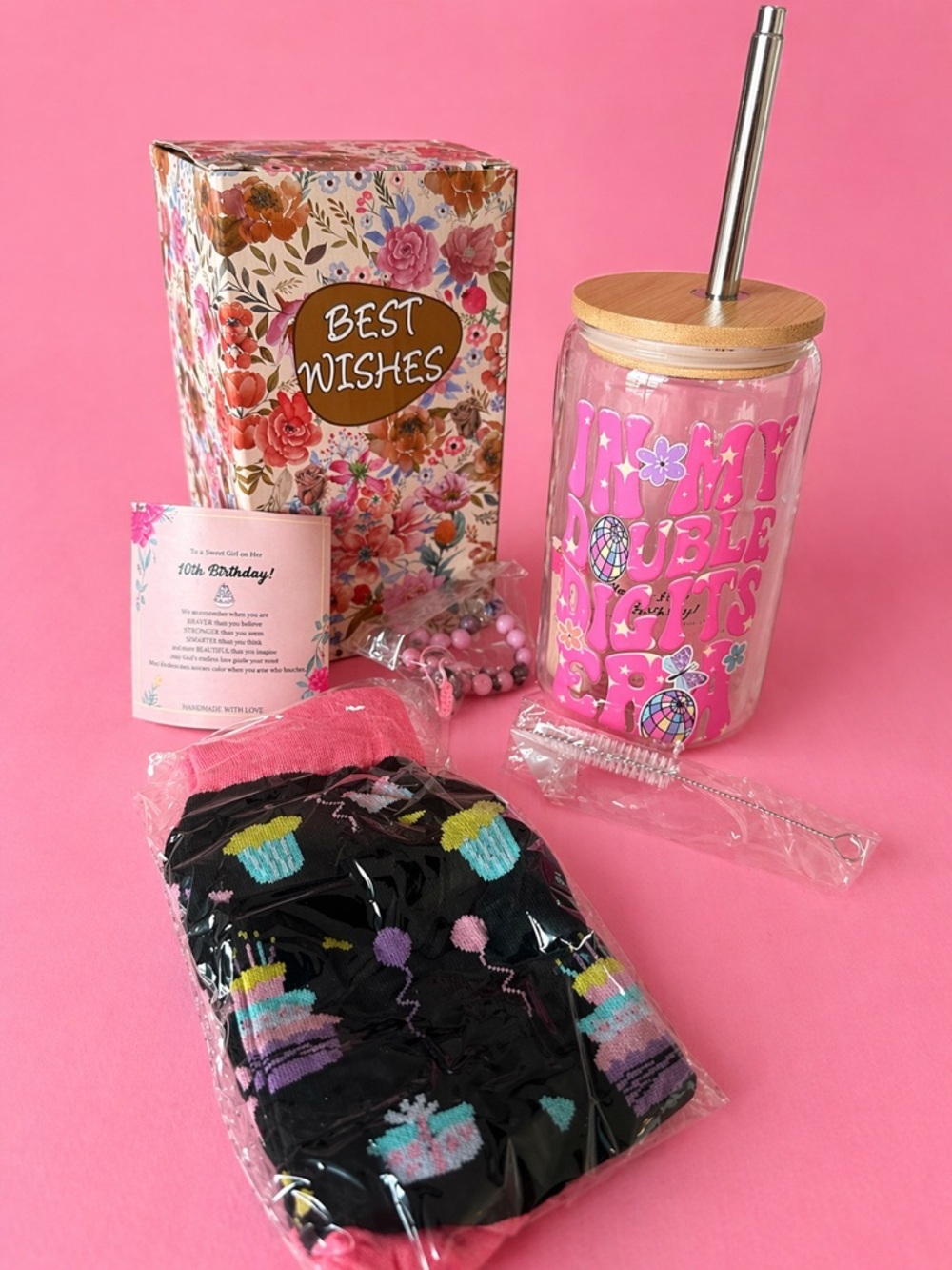 Pink Floral Gift Set with Pink Text Glass Jar